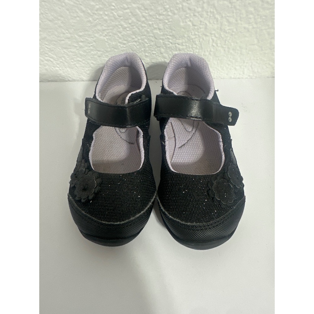 Surprize by Stride Rite Katelyn Black Glitter Flower Mary Jane Shoes Kids Size 8
